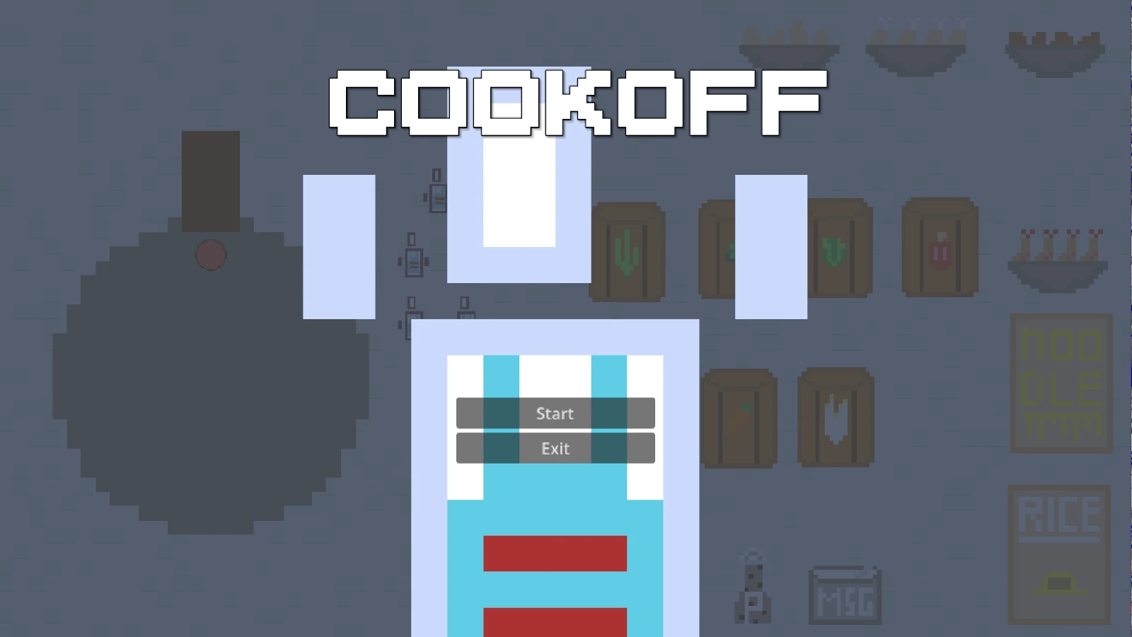 Image showing the main menu of the Cookoff game, with title, start and exit buttons.
