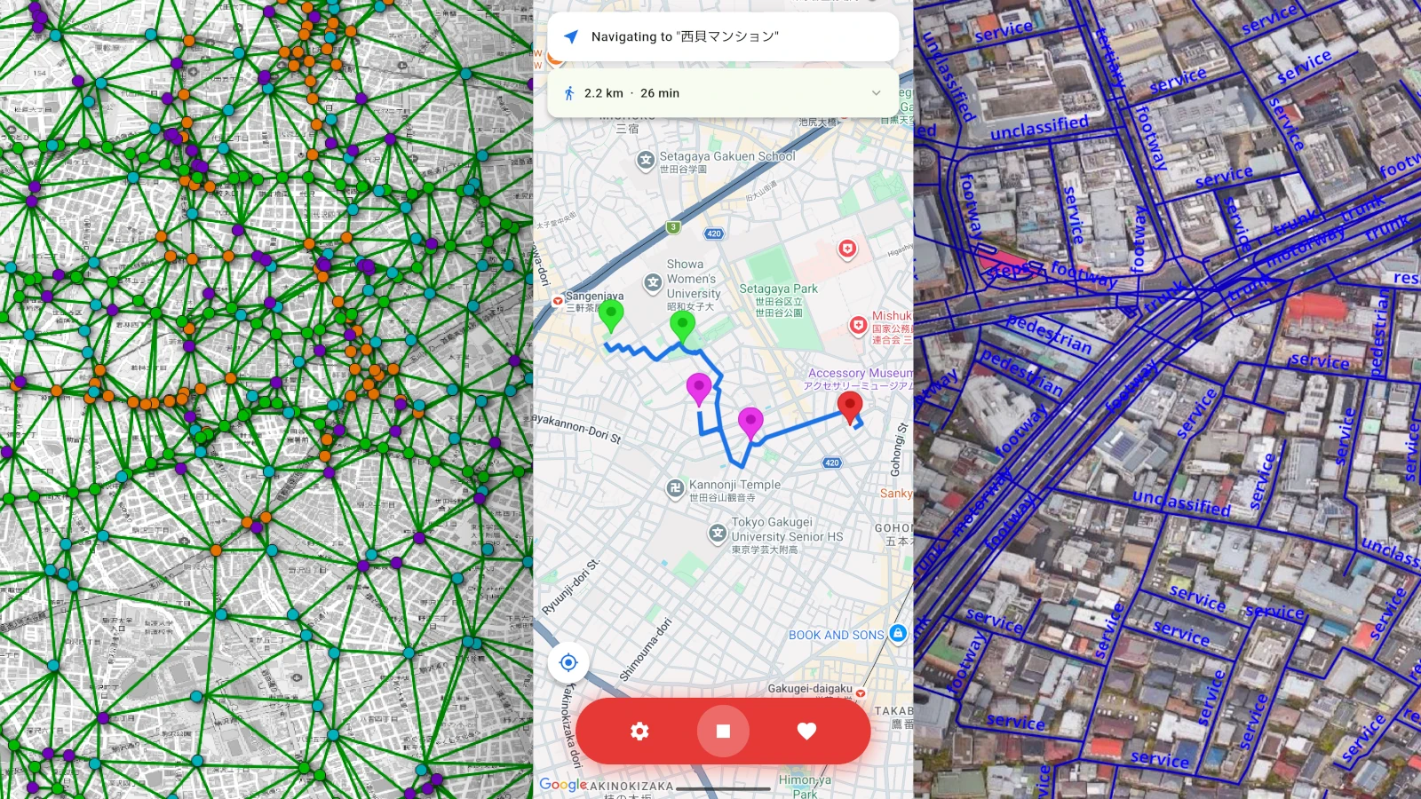 Image of application showing a route generated for a user, along with visualizations of database data on a map.